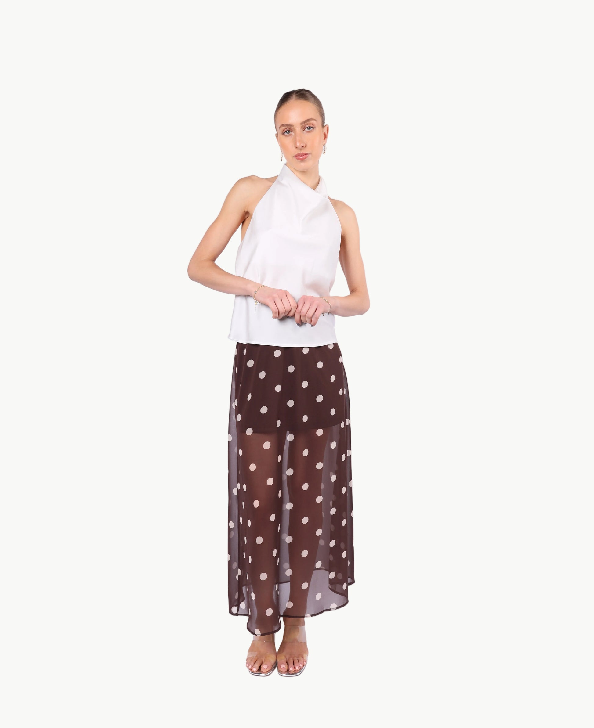 ELODIE POLKA DOT CHIFFON MIDI SKIRT La Libéré