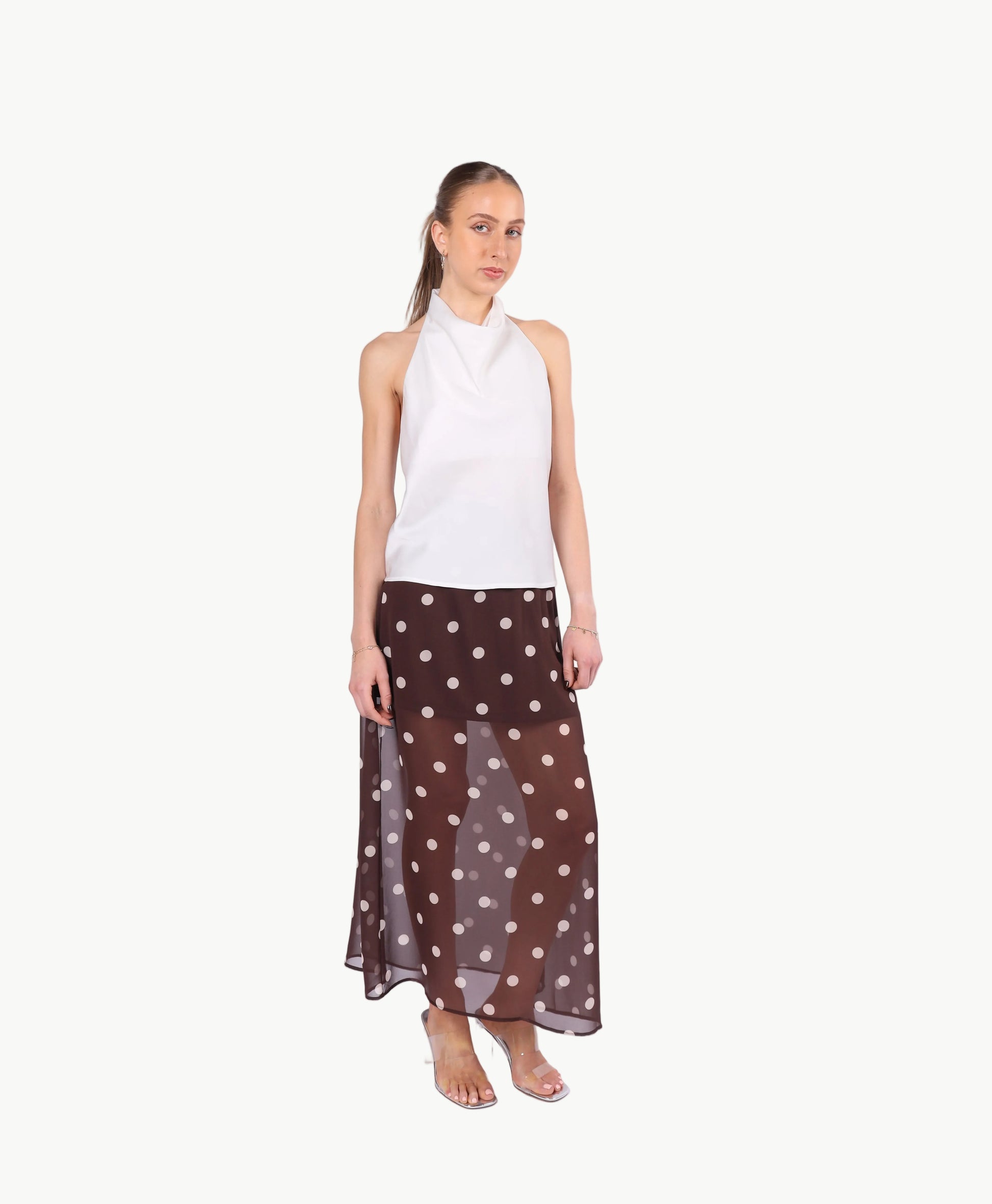 ELODIE POLKA DOT CHIFFON MIDI SKIRT La Libéré
