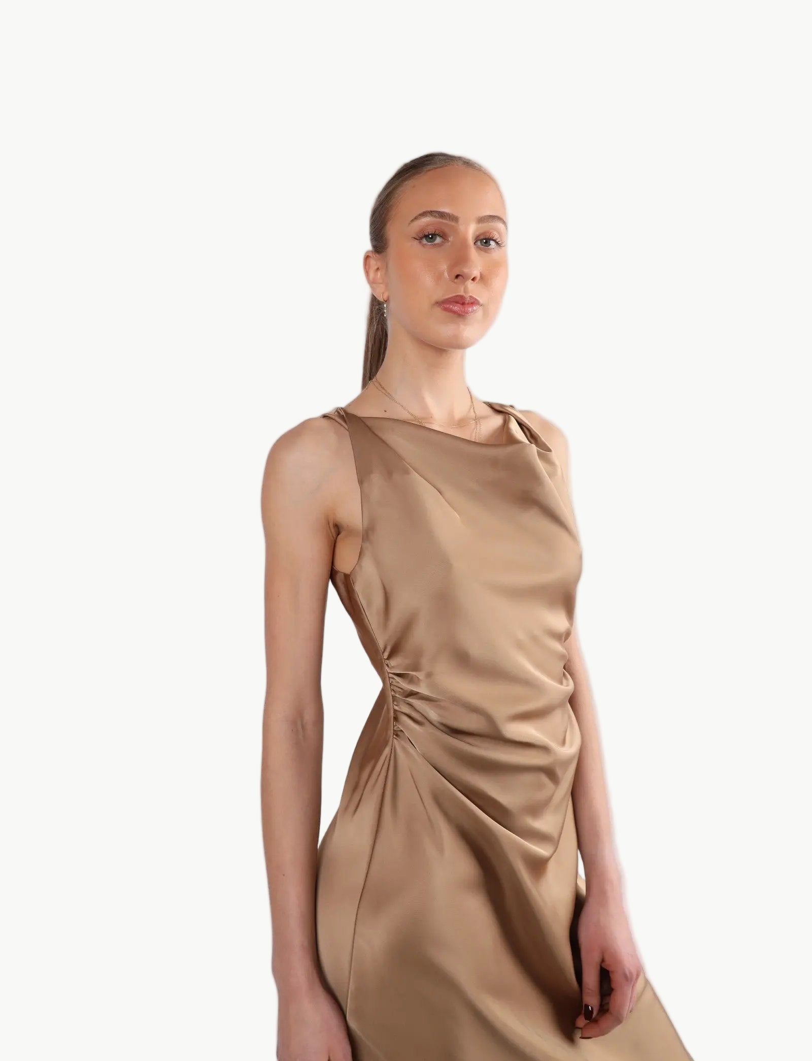 Elara Twisted Shoulder Satin Midi Dress My Store