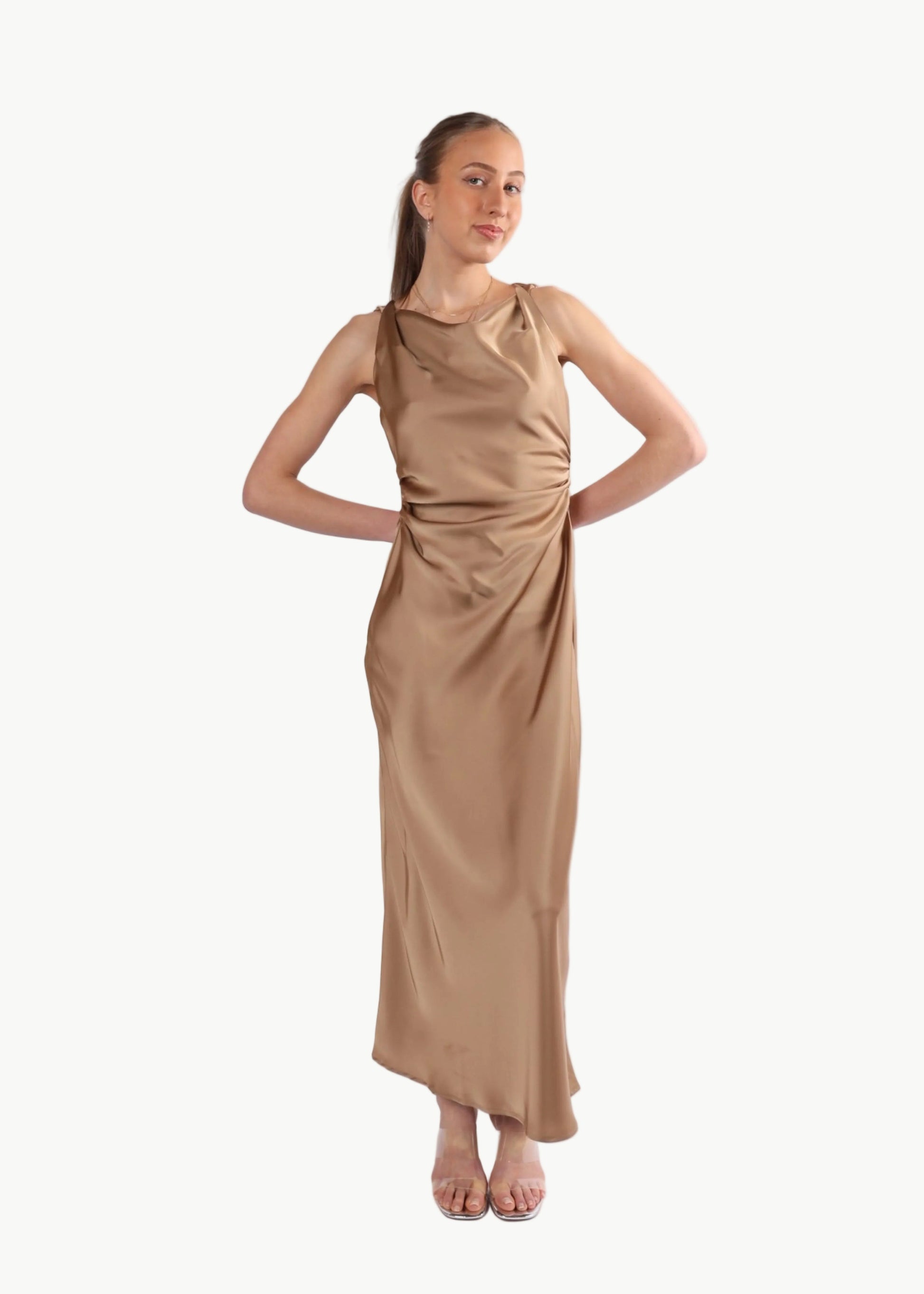 SELENE TWISTED SHOULDER SATIN MIDI DRESS My Store
