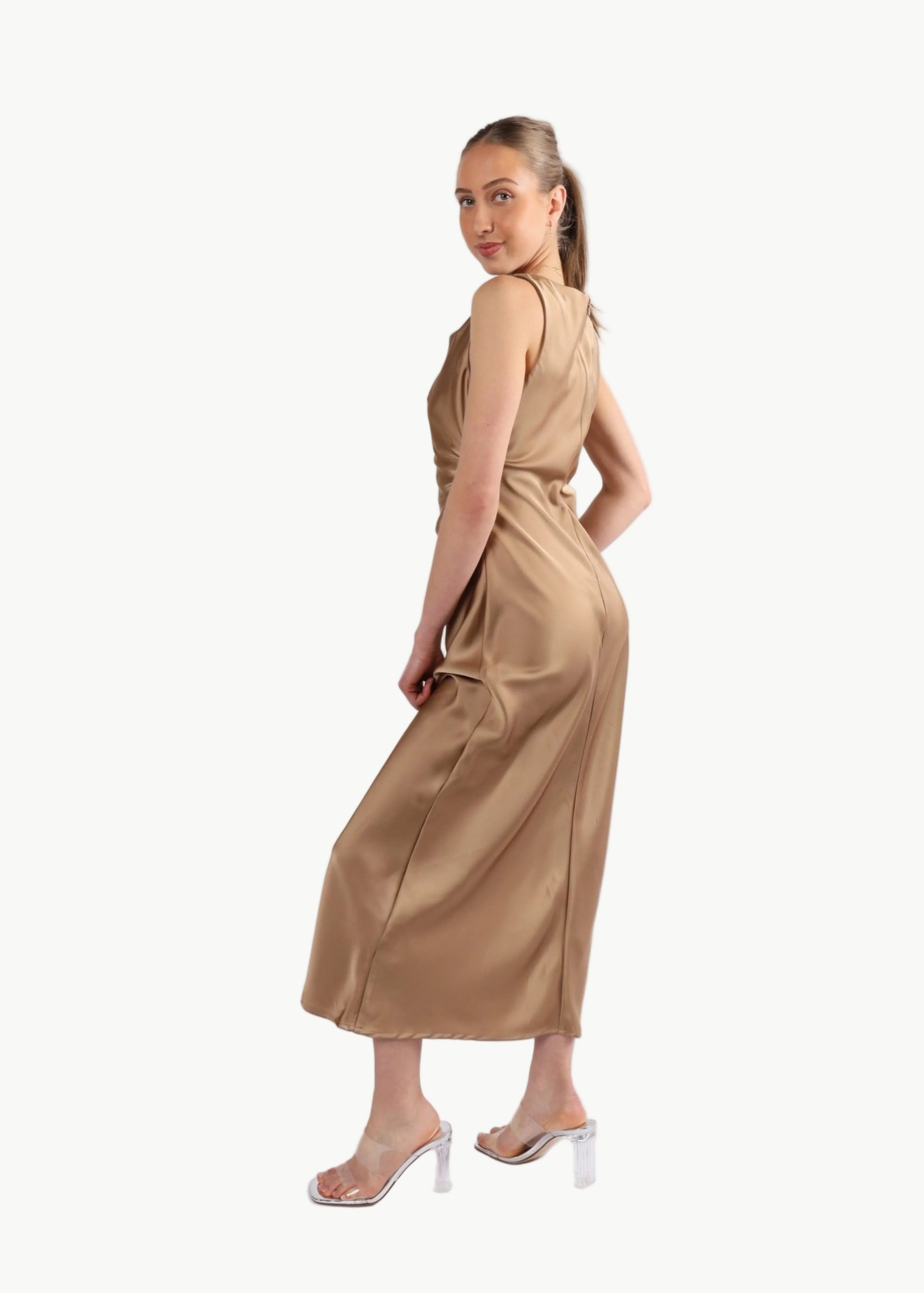 SELENE TWISTED SHOULDER SATIN MIDI DRESS My Store
