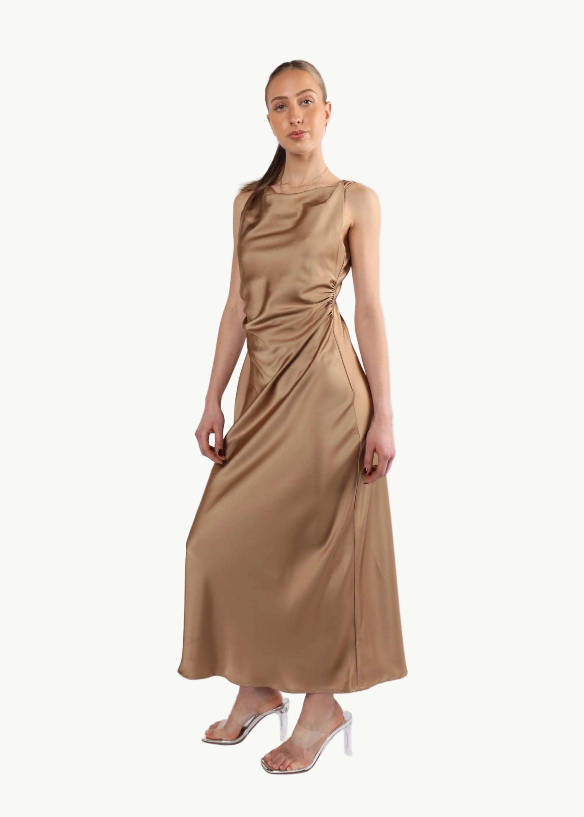 SELENE TWISTED SHOULDER SATIN MIDI DRESS My Store