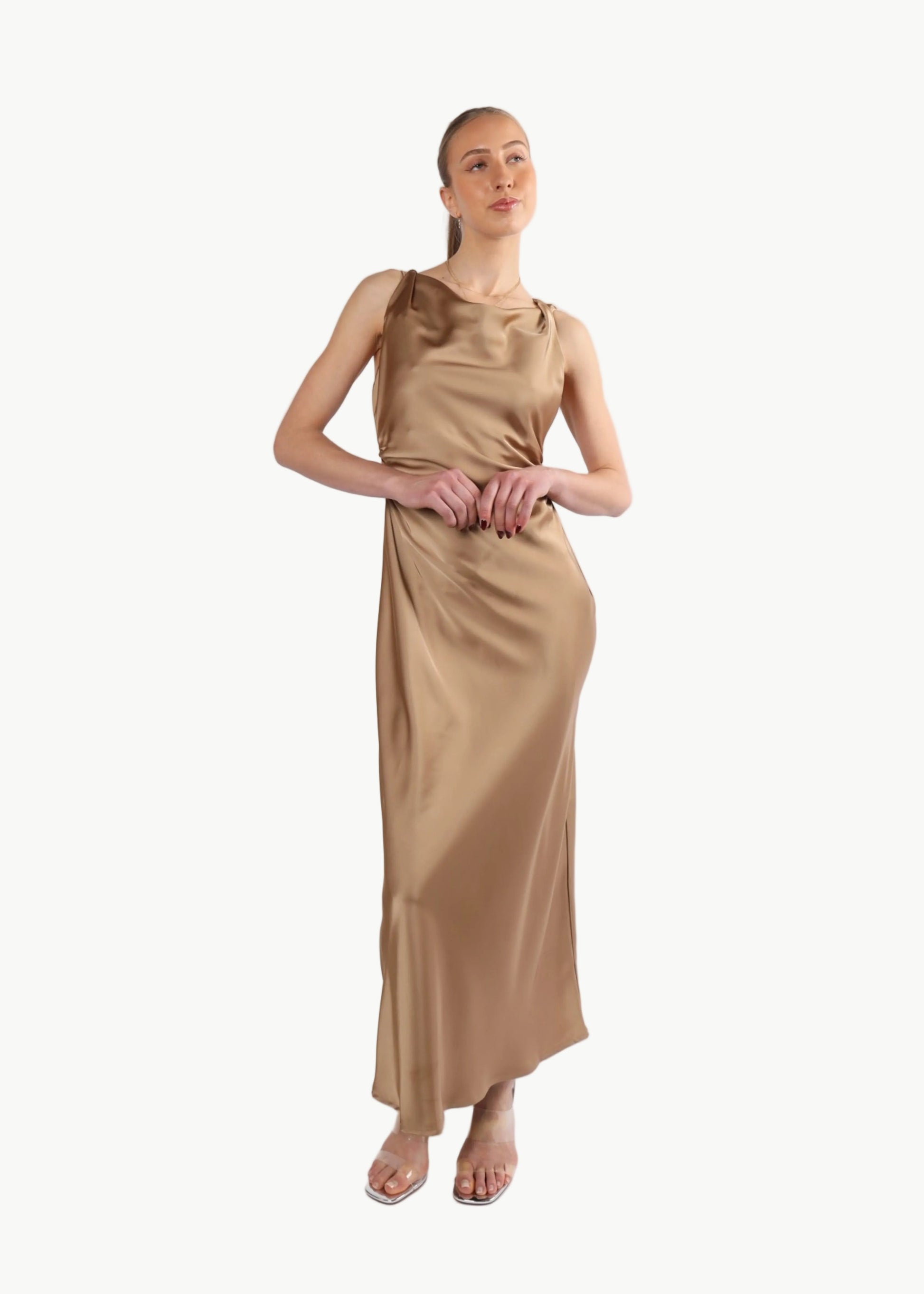 SELENE TWISTED SHOULDER SATIN MIDI DRESS My Store