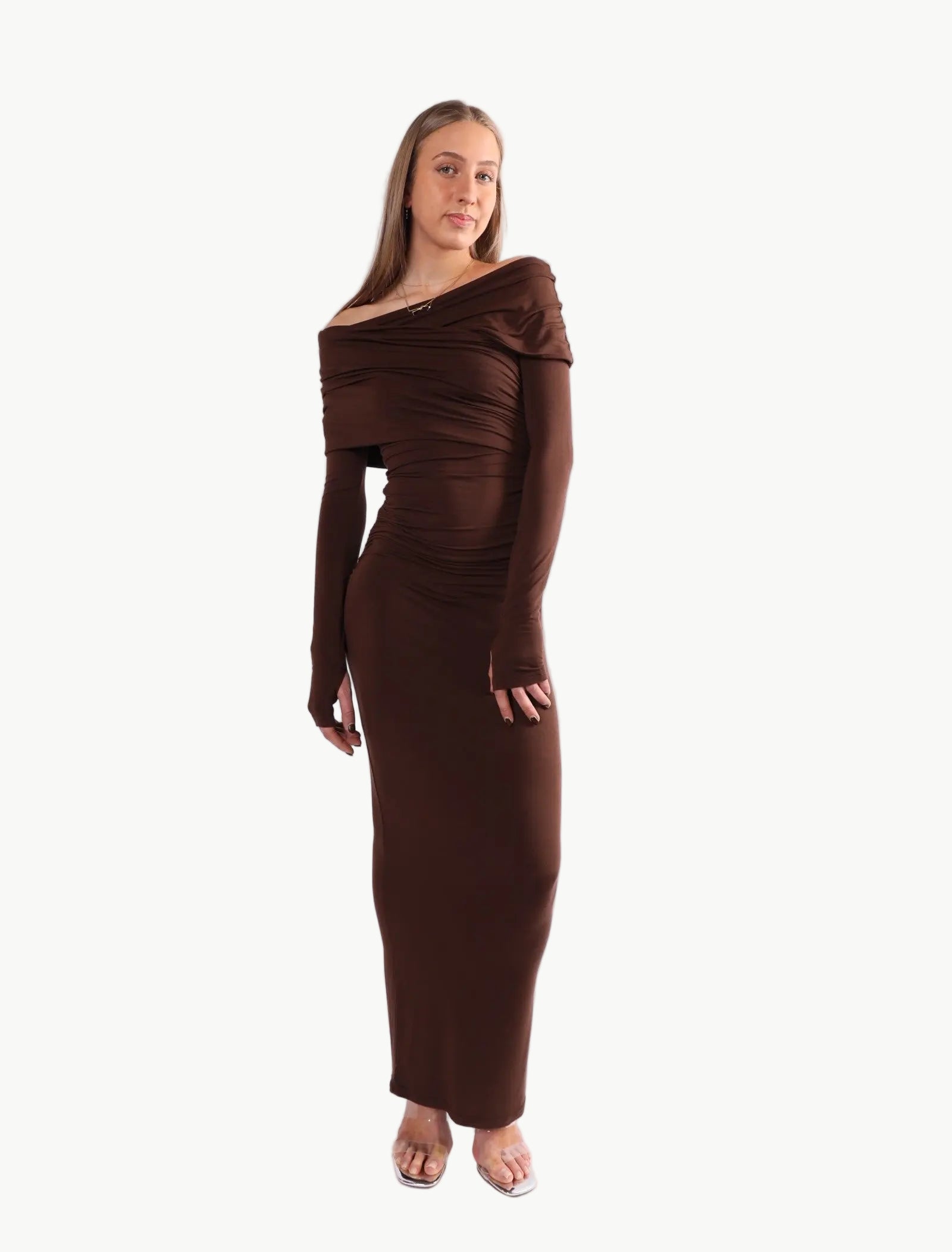 La Libéré model in Asymmetrical Off Shoulder Maxi Dress 
