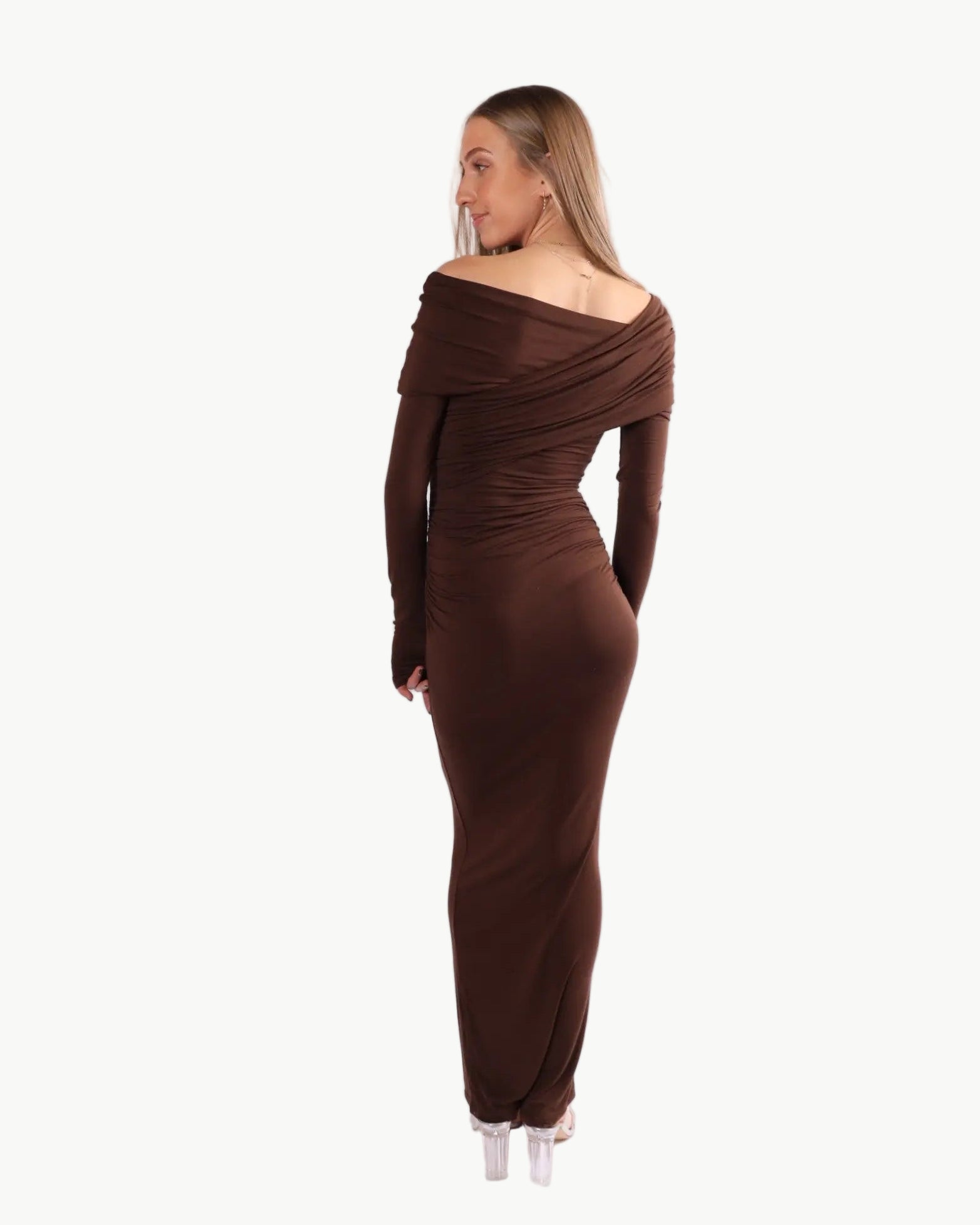 La Libéré model in Asymmetrical Off Shoulder Maxi Dress