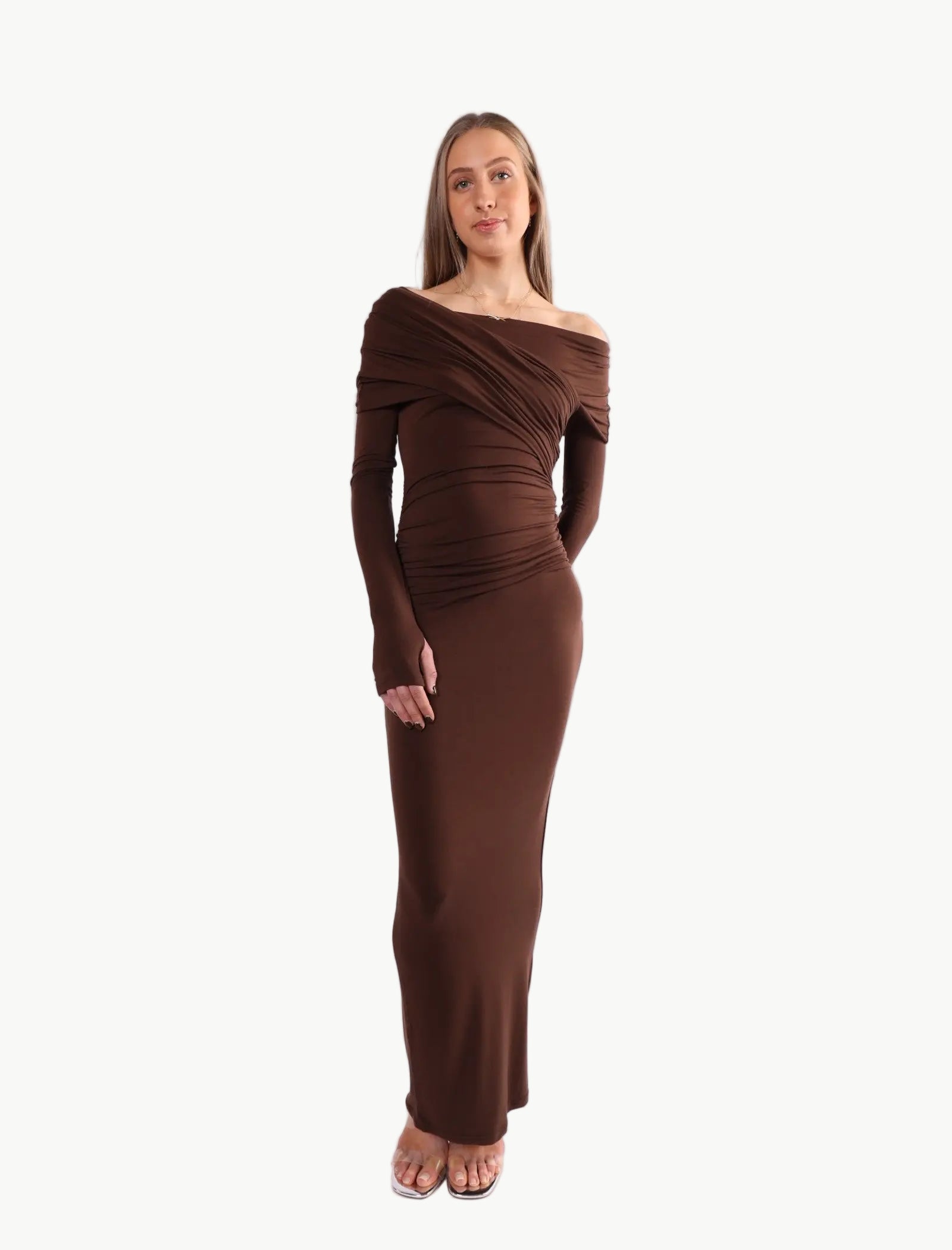 La Libéré model in Asymmetrical Off Shoulder Maxi Dress 