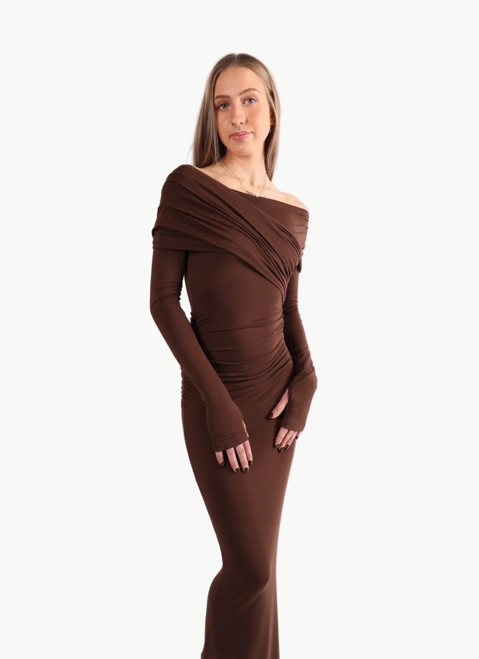 La Libéré model in Asymmetrical Off Shoulder Maxi Dress