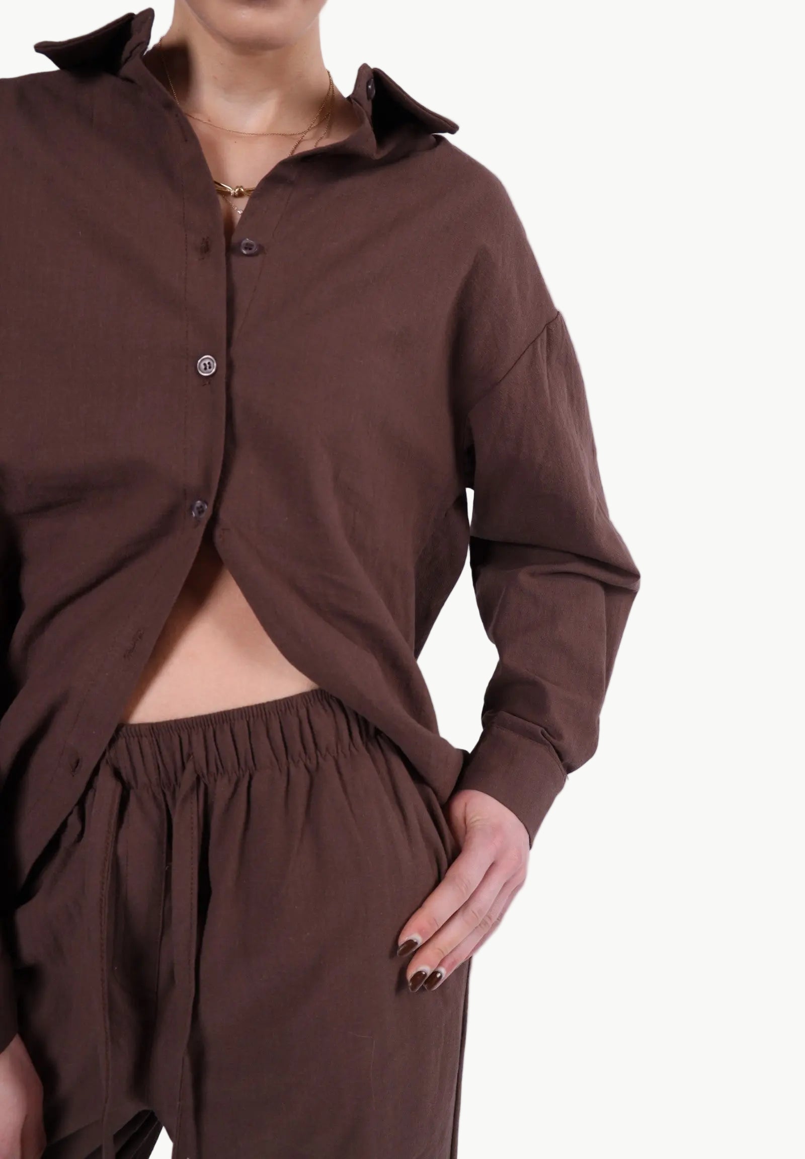 La Libéré model in Chocolate Shirt Pants Set 