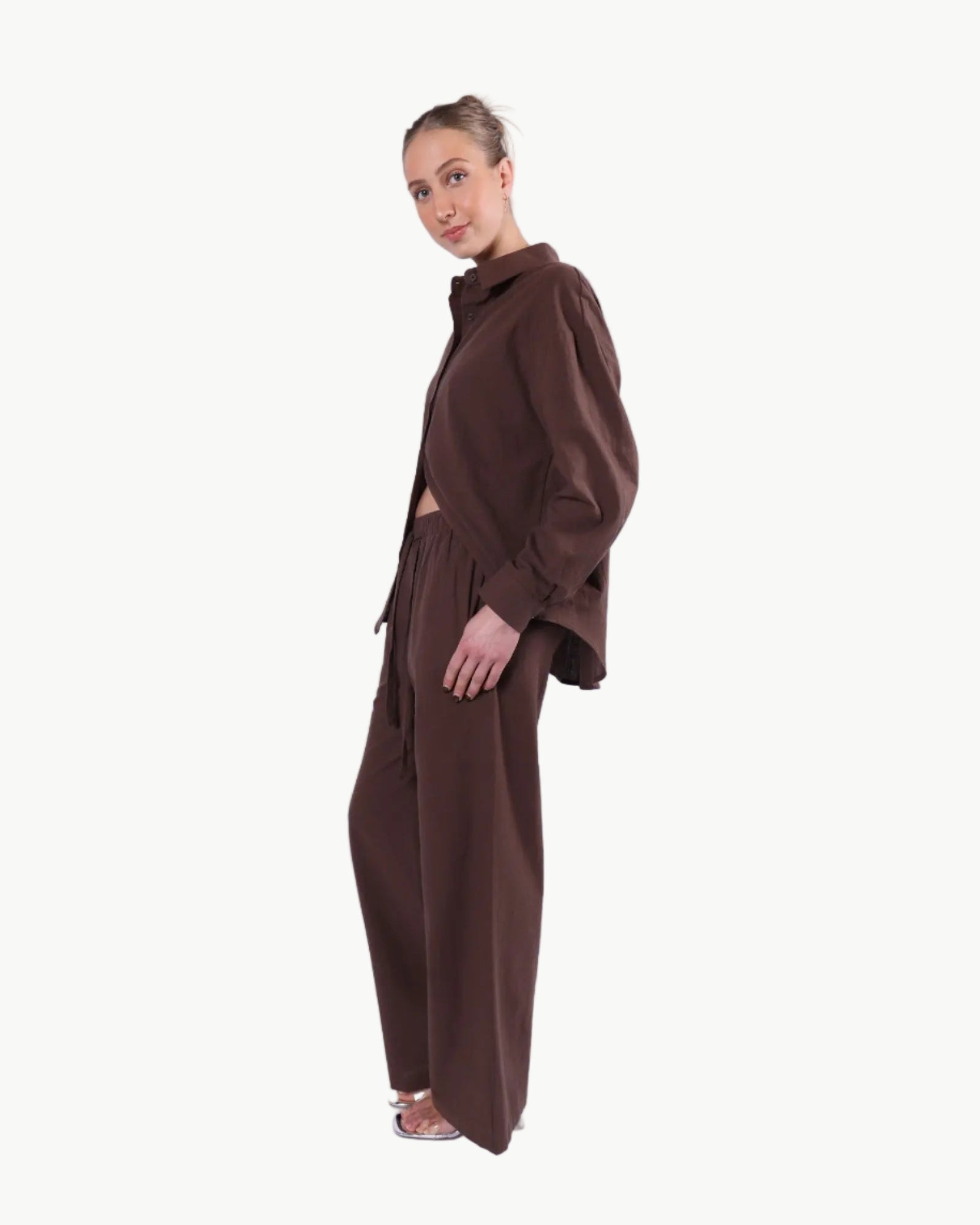 La Libéré model in Chocolate Shirt Pants Set 