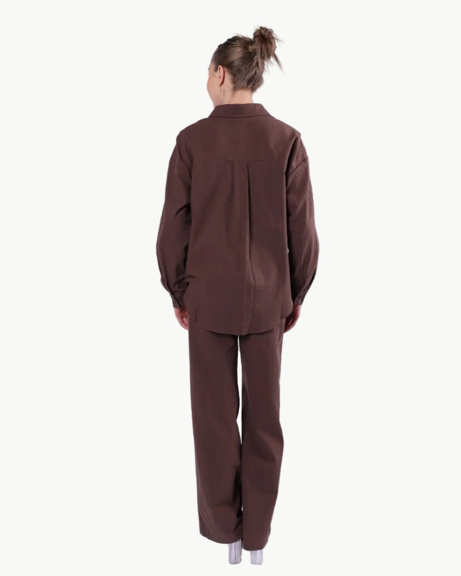 La Libéré model in Chocolate Shirt Pants Set 