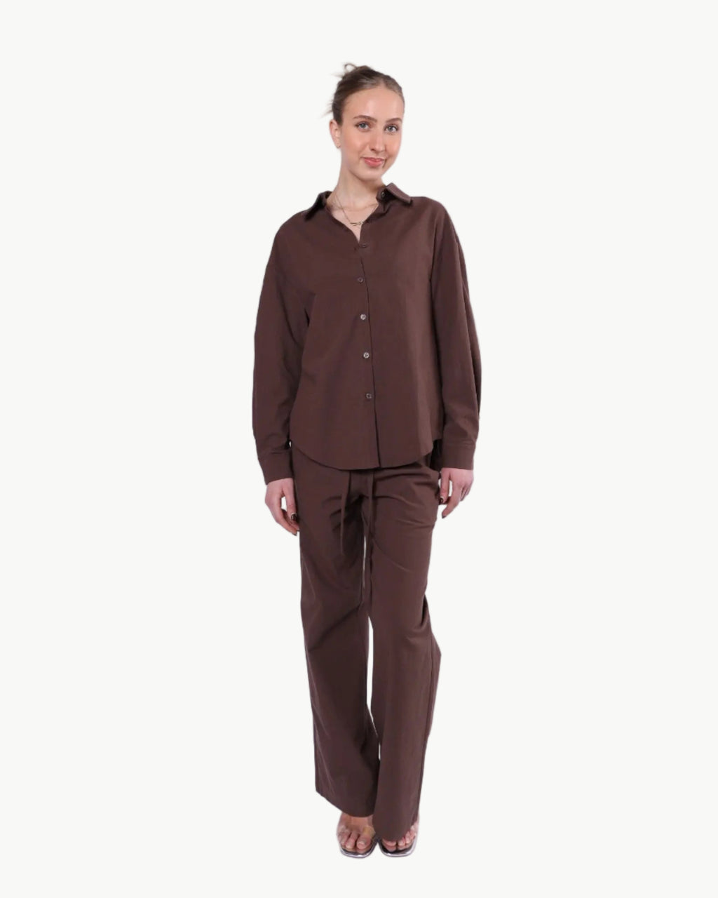 La Libéré model in Chocolate Shirt Pants Set 